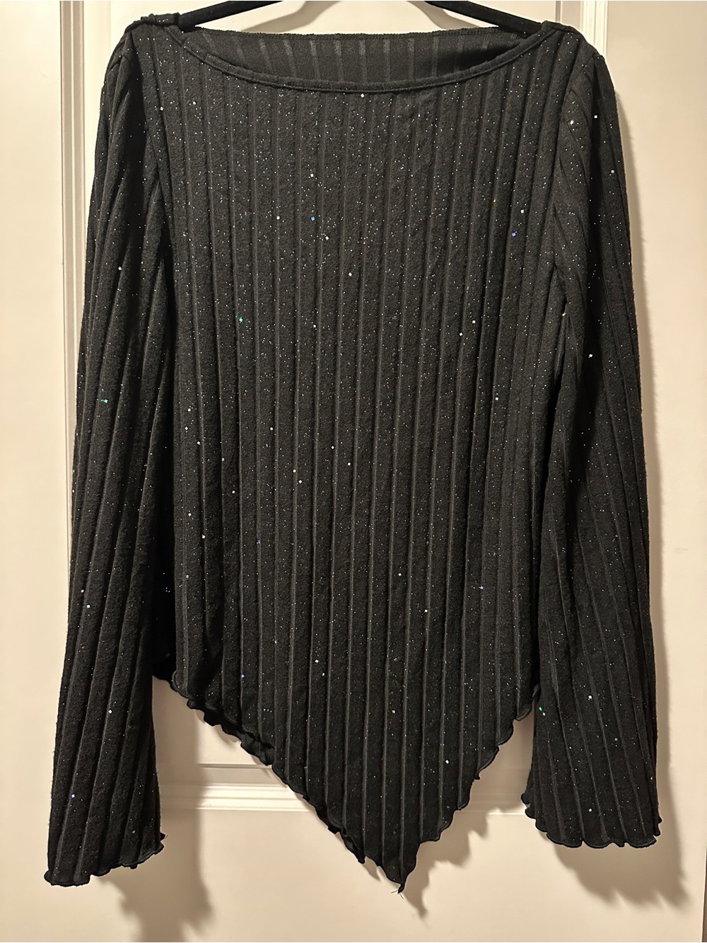 Black Ribbed Point-Hem Sweater with Sparkle